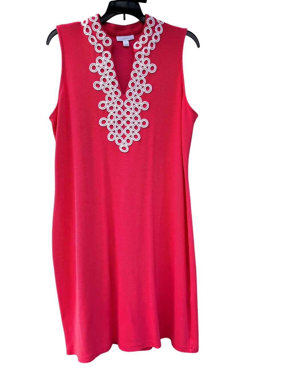 Charter Club Dress Large Coral Pink Sleeveless Shift Crochet Neckline Knit Dress